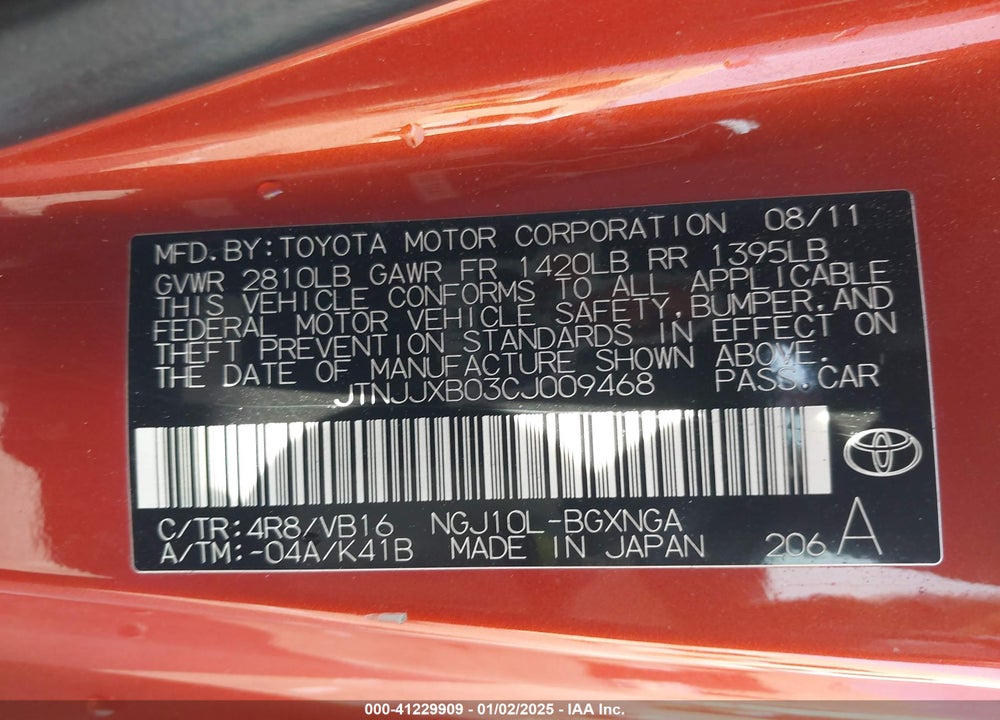 2012 SCION IQ VIN: JTNJJXB03CJ009468