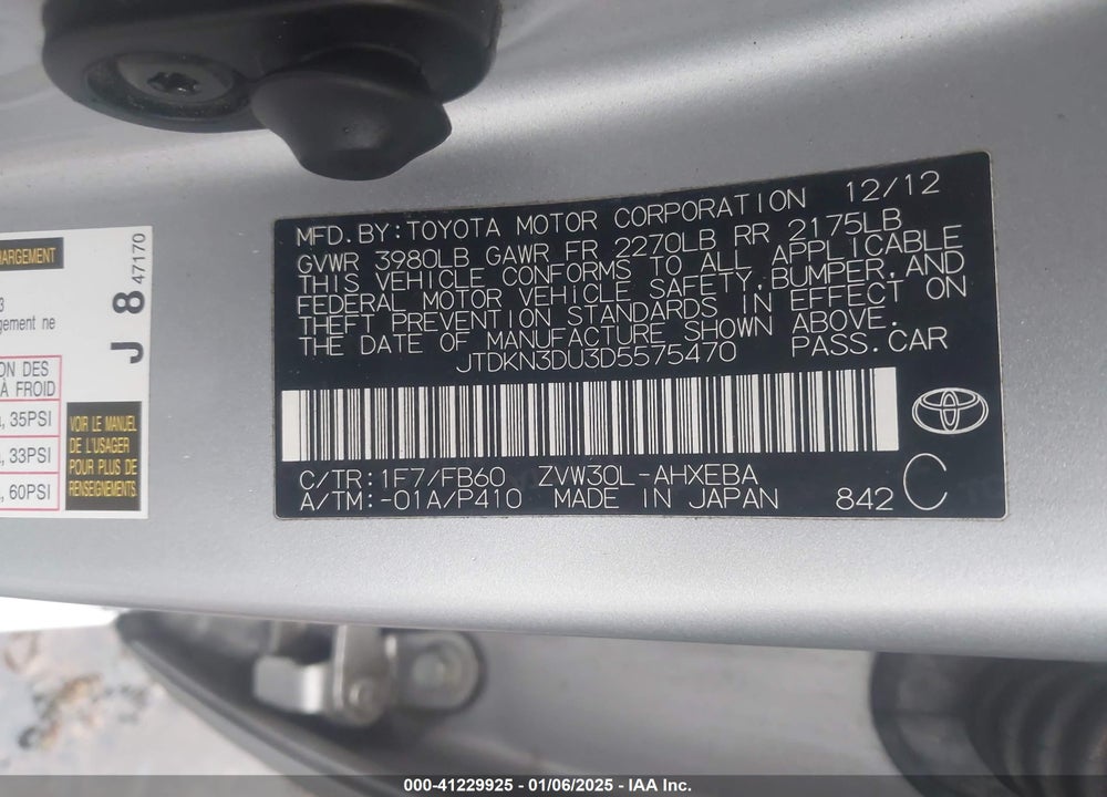2013 TOYOTA PRIUS VIN: JTDKN3DU3D5575470
