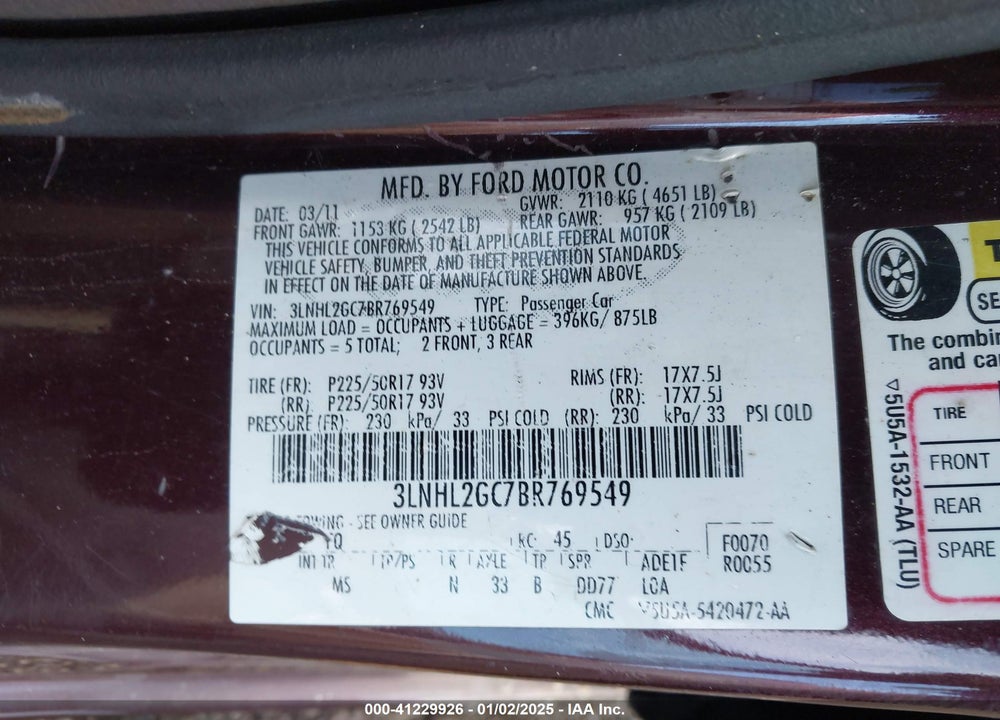 2011 LINCOLN MKZ VIN: 3LNHL2GC7BR769549