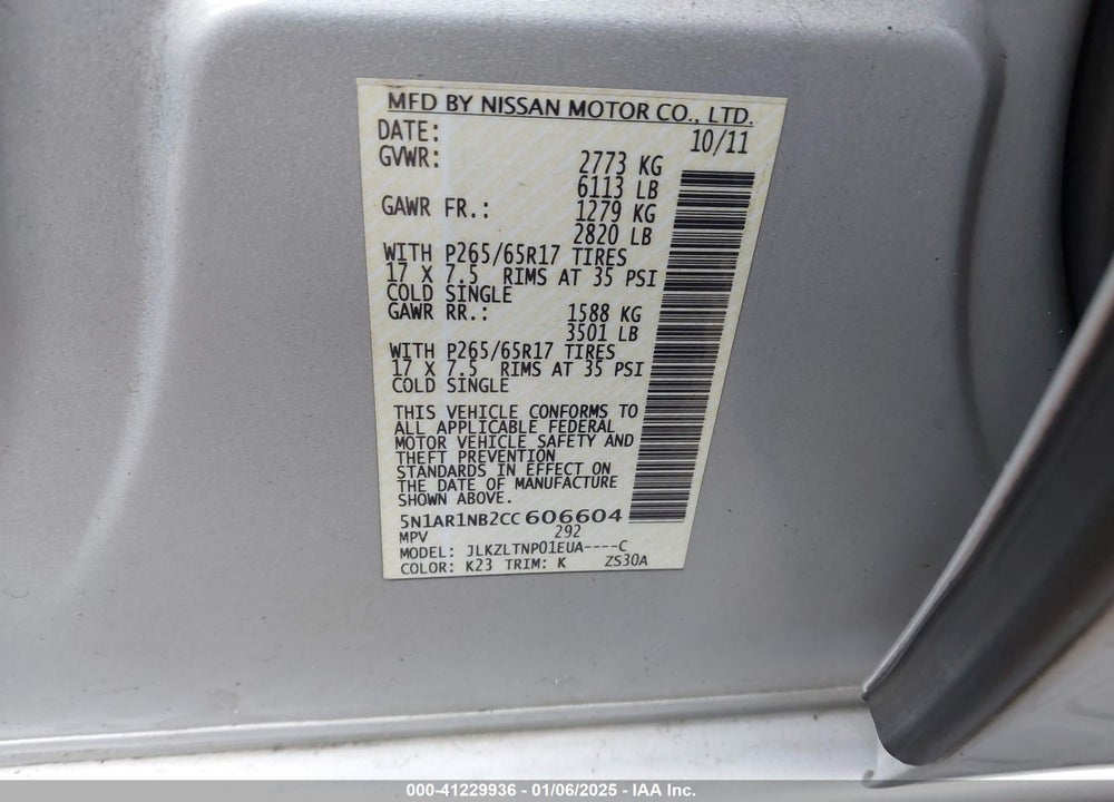 2012 NISSAN PATHFINDER SV VIN: 5N1AR1NB2CC606604