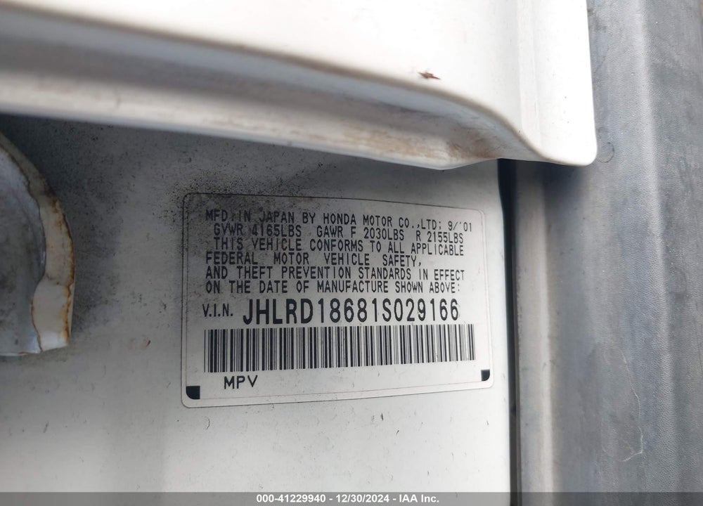 2001 HONDA CR-V EX VIN: JHLRD18681S029166