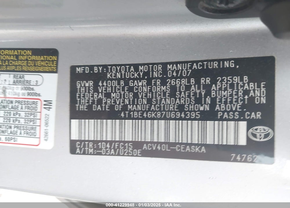 2007 TOYOTA CAMRY SE VIN: 4T1BE46K87U694395