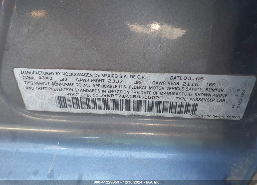 2005 VOLKSWAGEN JETTA VALUE EDITION VIN: 3VWPF71K15M615020