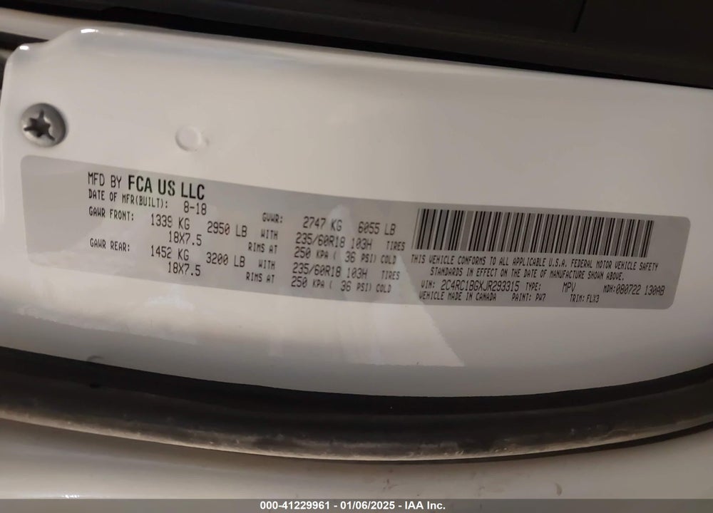 2018 CHRYSLER PACIFICA TOURING L VIN: 2C4RC1BGXJR293315