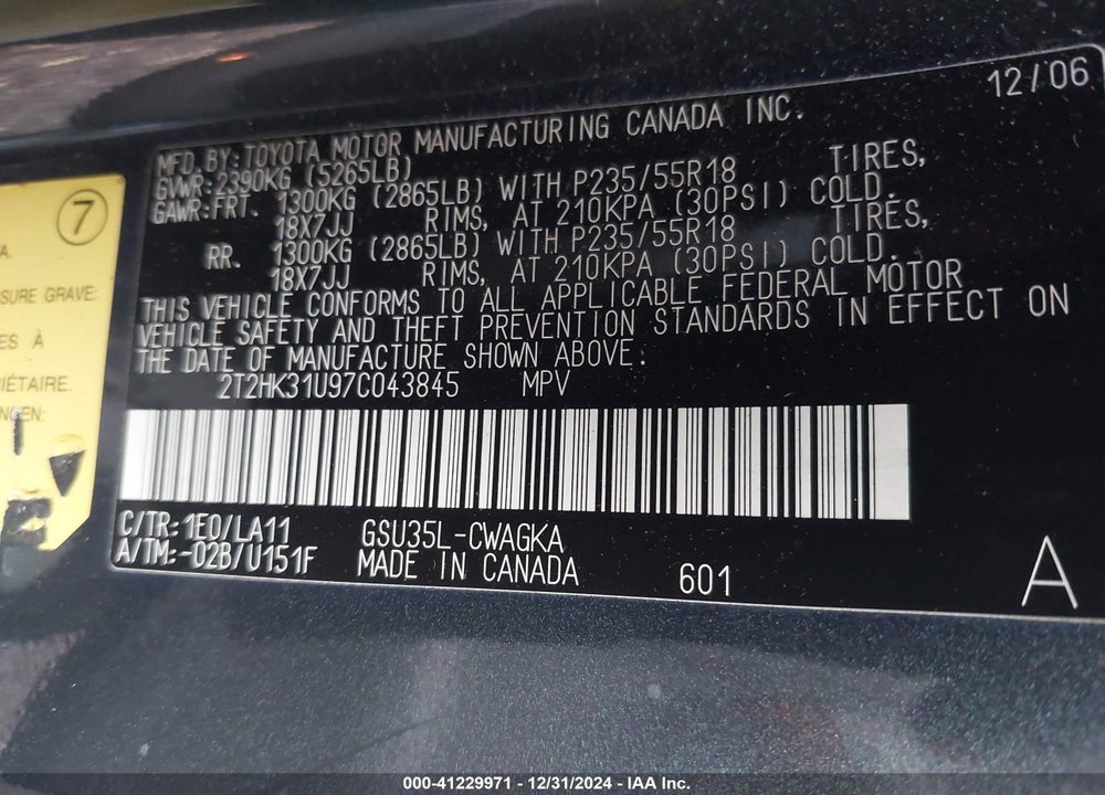 2007 LEXUS RX 350 VIN: 2T2HK31U97C043845