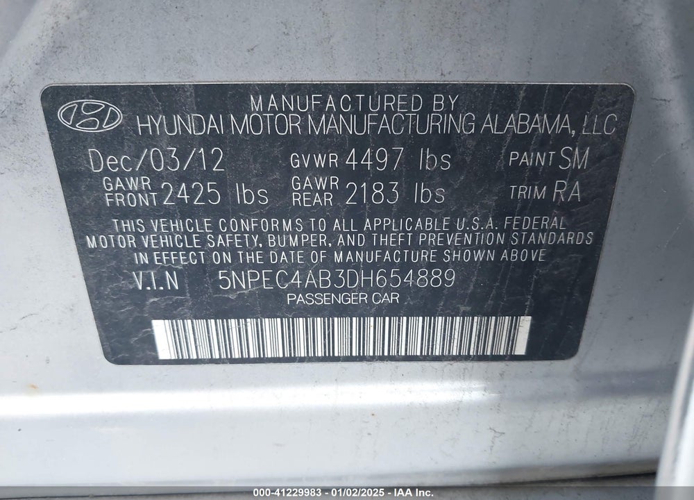2013 HYUNDAI SONATA VIN: 5NPEC4AB3DH654889