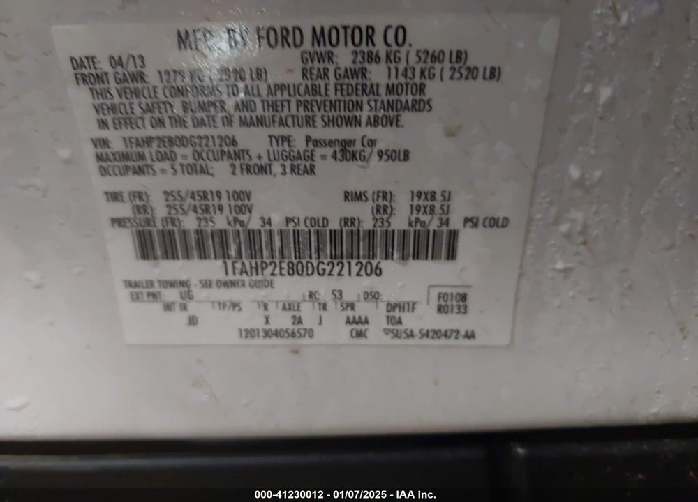 2013 FORD TAURUS VIN: 1FAHP2E80DG221206