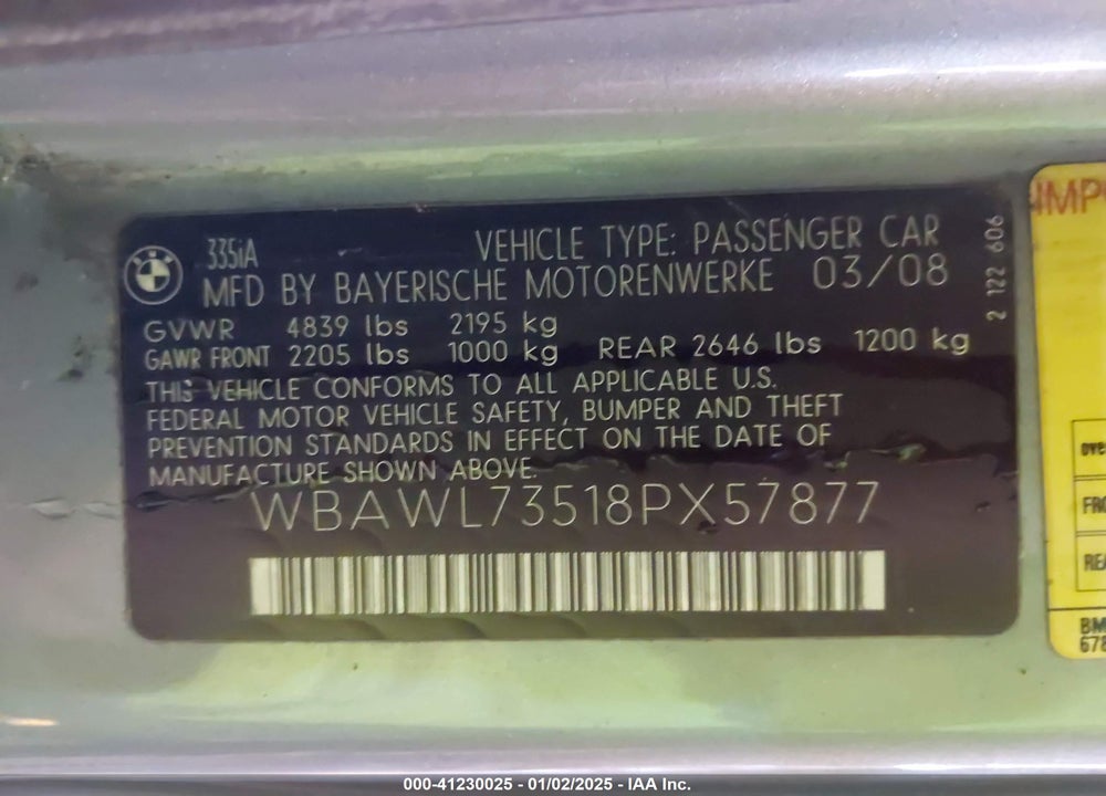 2008 BMW 335I VIN: WBAWL73518PX57877