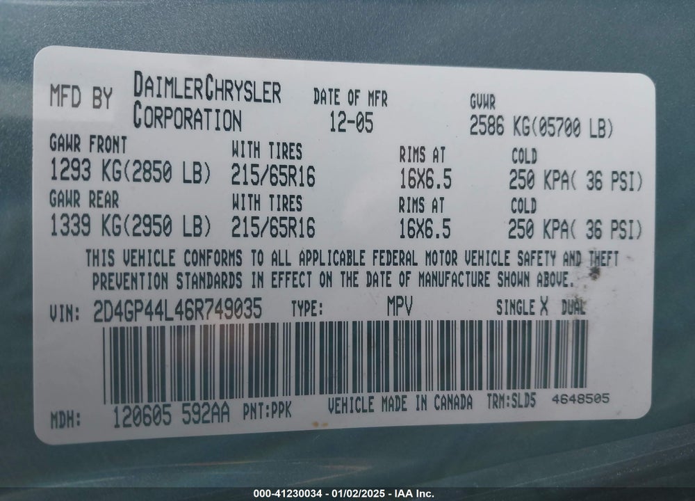 2006 DODGE GRAND CARAVAN SXT VIN: 2D4GP44L46R749035