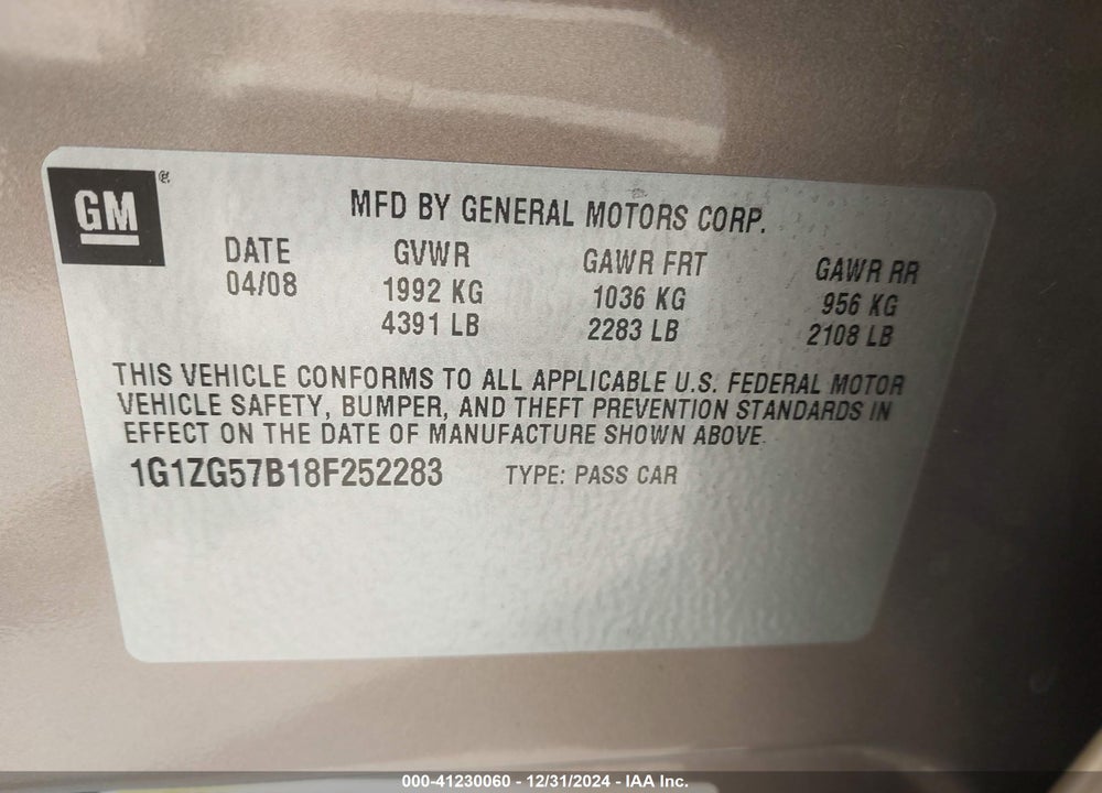 2008 CHEVROLET MALIBU VIN: 1G1ZG57B18F252283