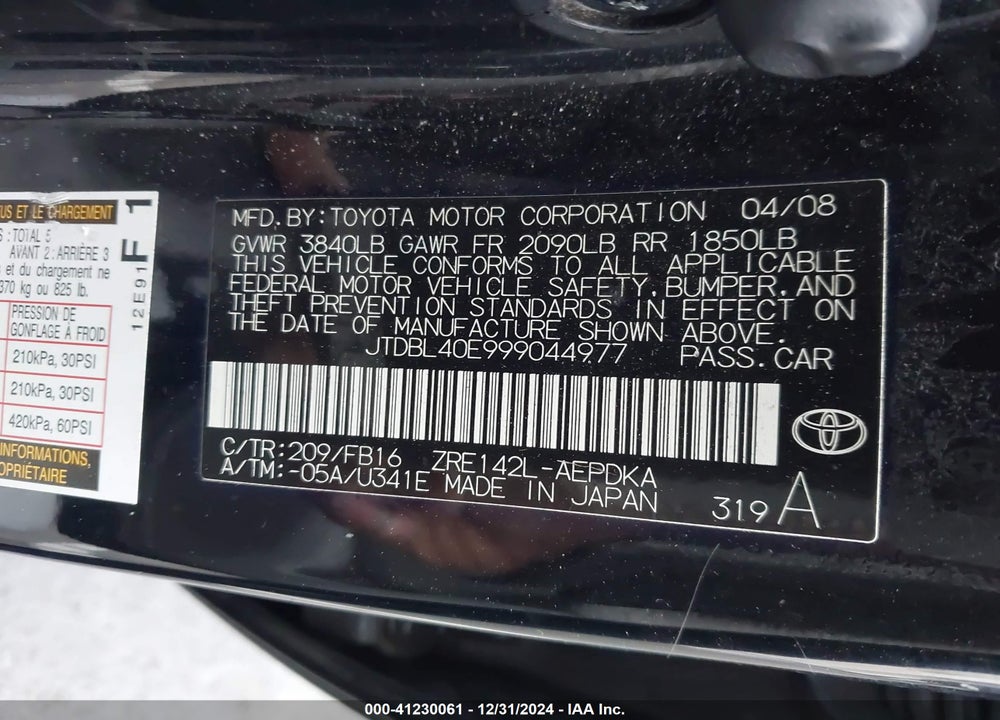 2009 TOYOTA COROLLA LE VIN: JTDBL40E999044977