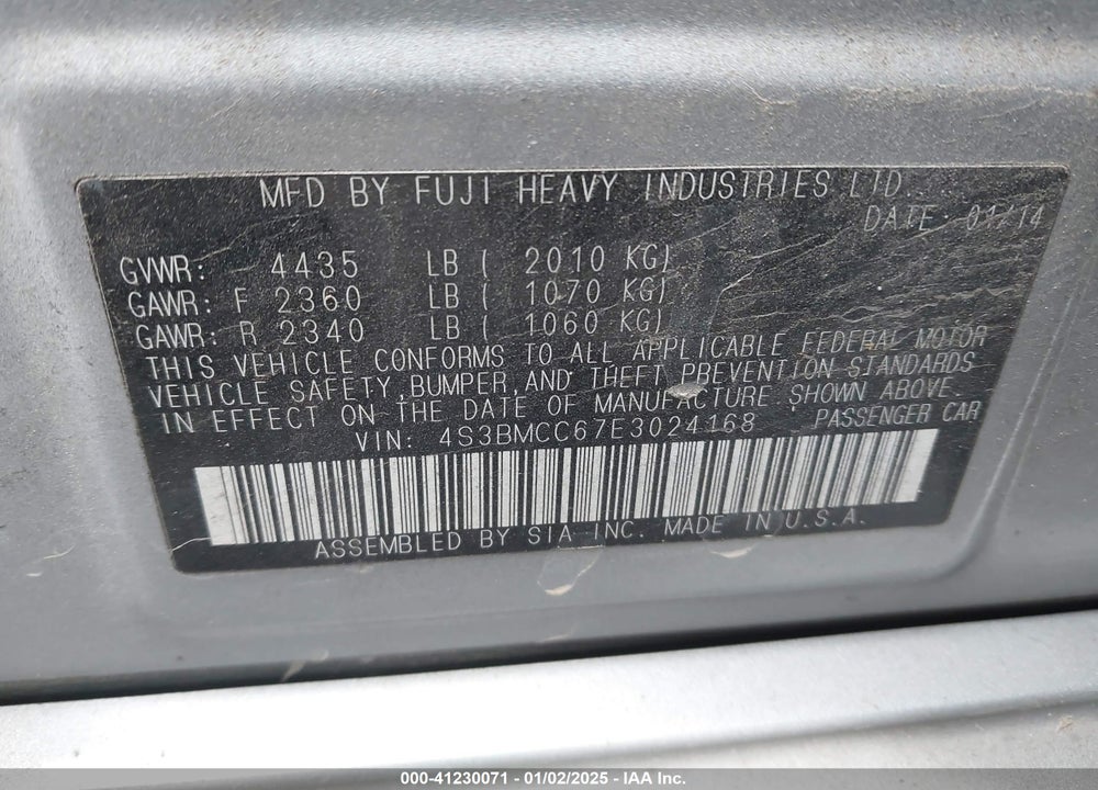 2014 SUBARU LEGACY VIN: 4S3BMCC67E3024168