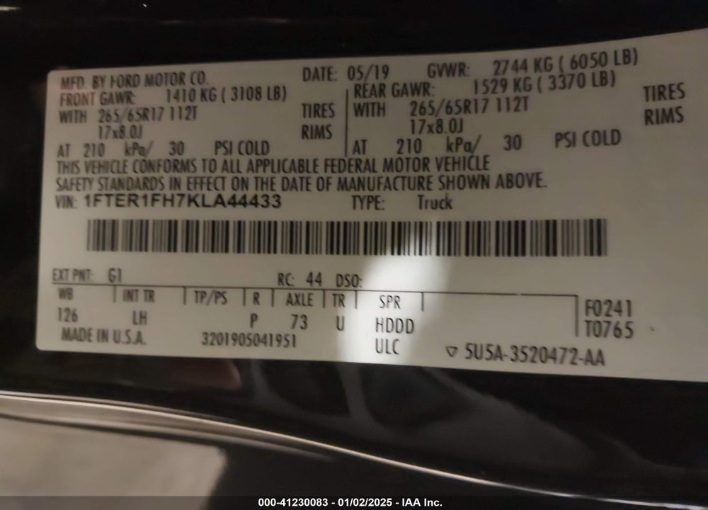 2019 FORD RANGER XLT VIN: 1FTER1FH7KLA44433