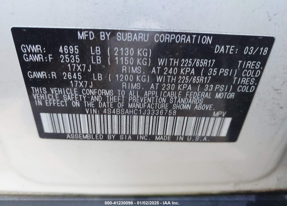 2018 SUBARU OUTBACK 2.5I PREMIUM VIN: 4S4BSAHC1J3336758