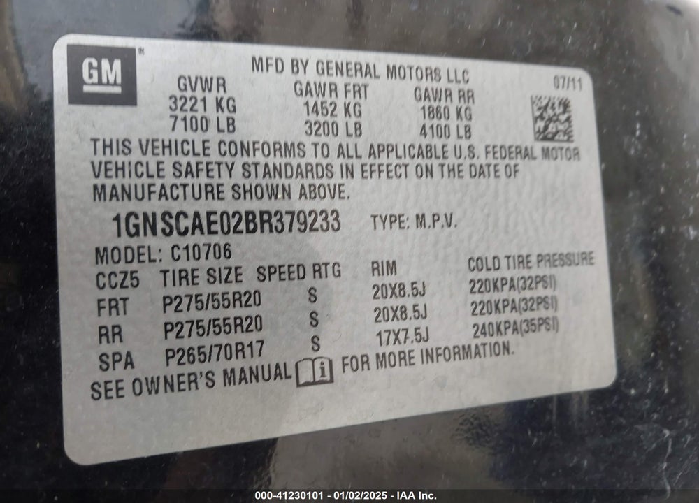 2011 CHEVROLET TAHOE LS VIN: 1GNSCAE02BR379233