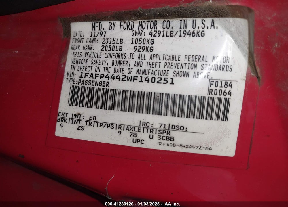 1998 FORD MUSTANG VIN: 1FAFP4442WF140251