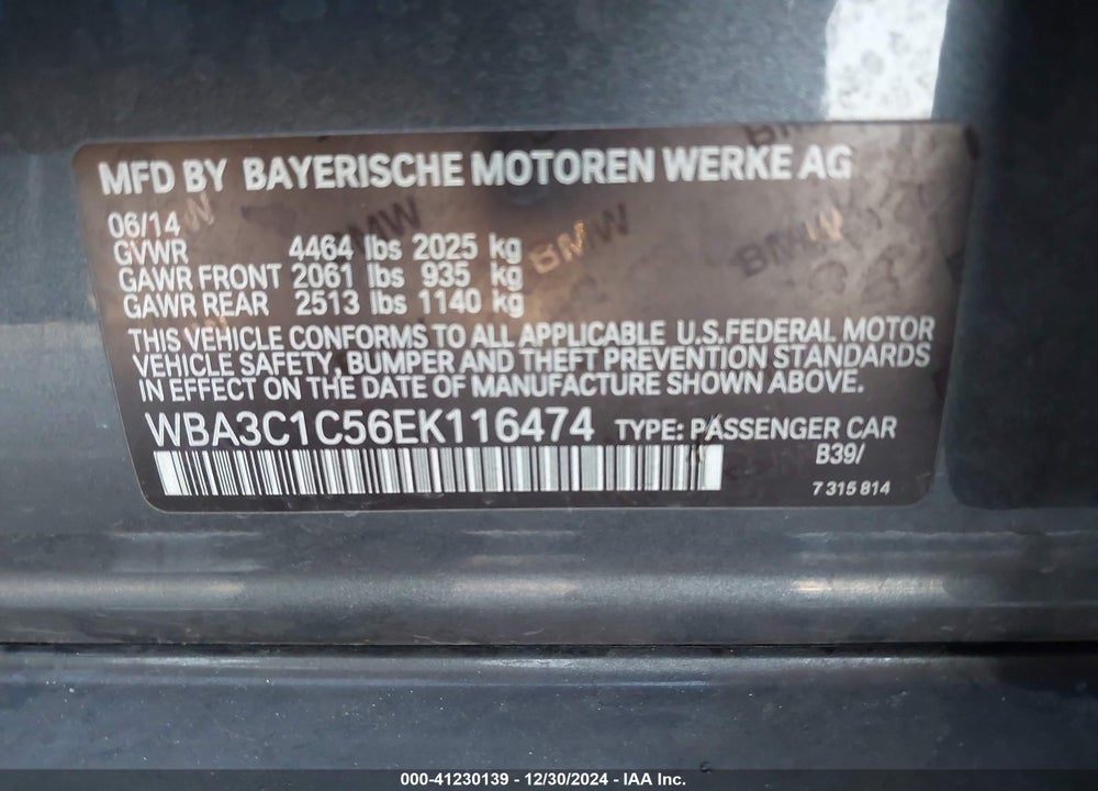 2014 BMW 328I VIN: WBA3C1C56EK116474
