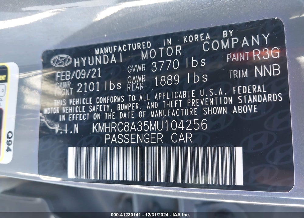 2021 HYUNDAI VENUE SEL VIN: KMHRC8A35MU104256