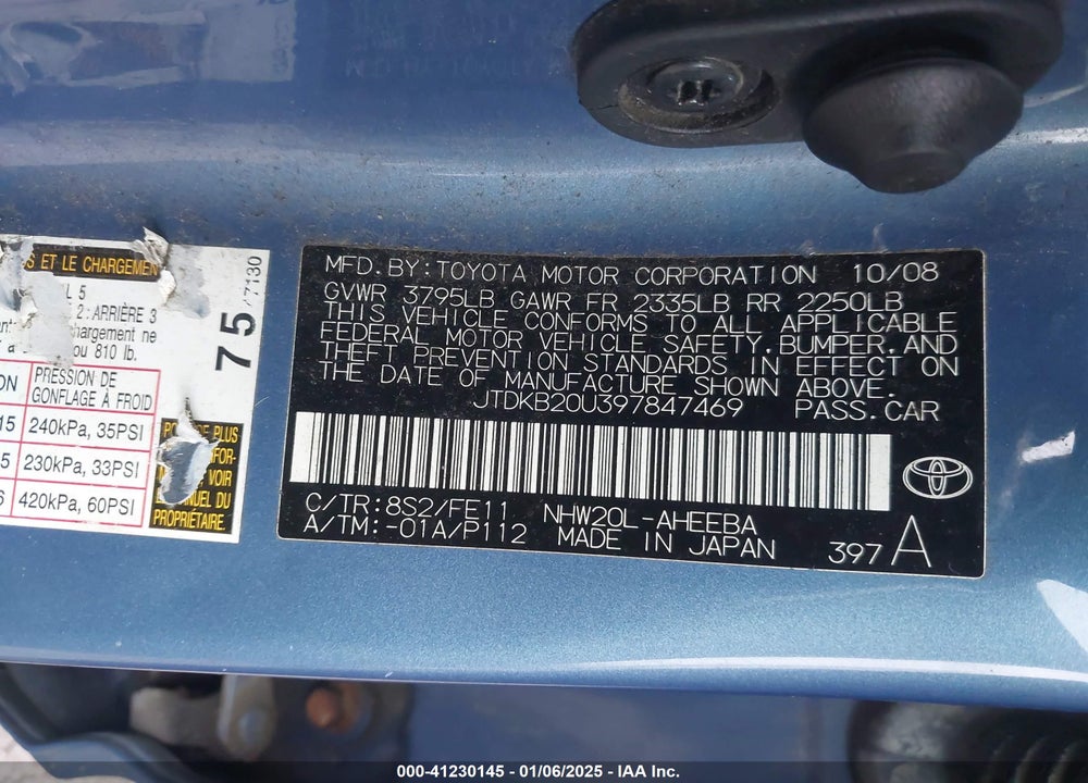 2009 TOYOTA PRIUS VIN: JTDKB20U397847469