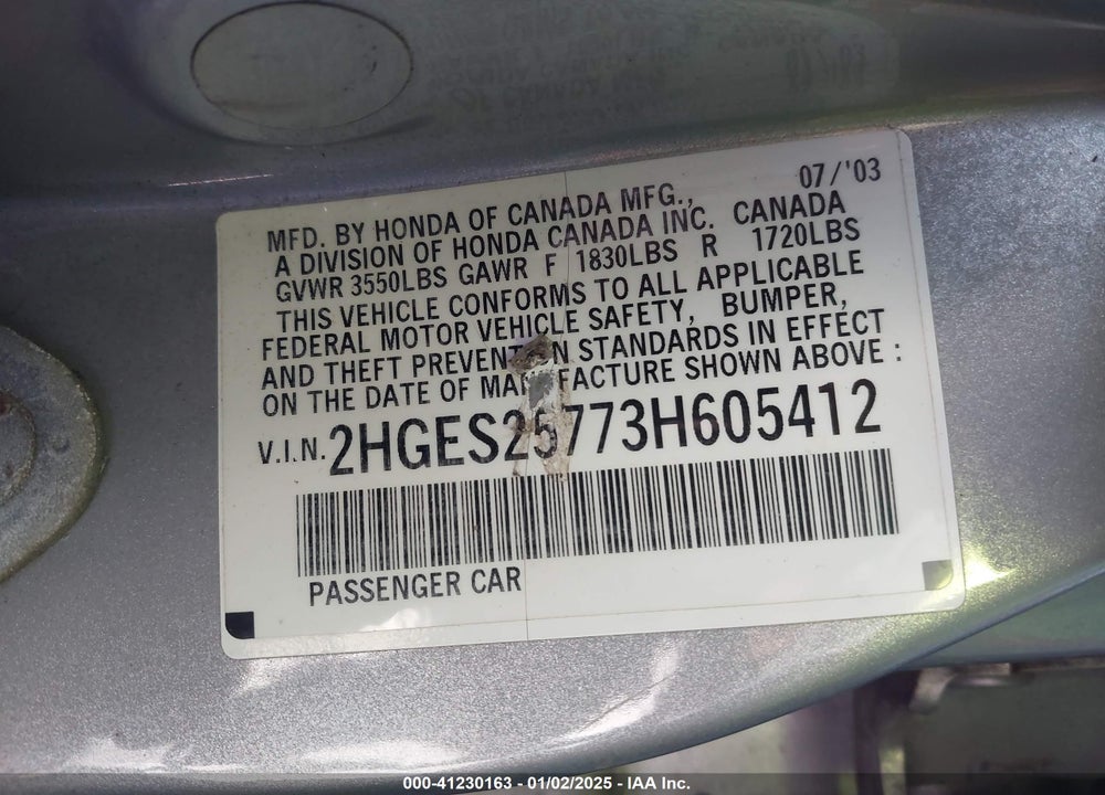 2003 HONDA CIVIC EX VIN: 2HGES25773H605412