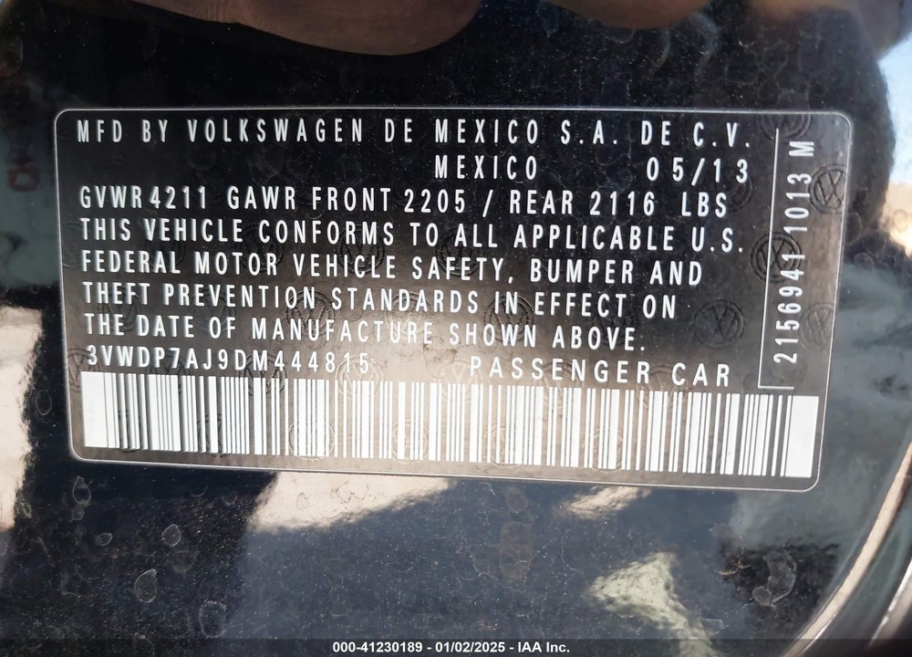 2013 VOLKSWAGEN JETTA 2.5L SE VIN: 3VWDP7AJ9DM444815