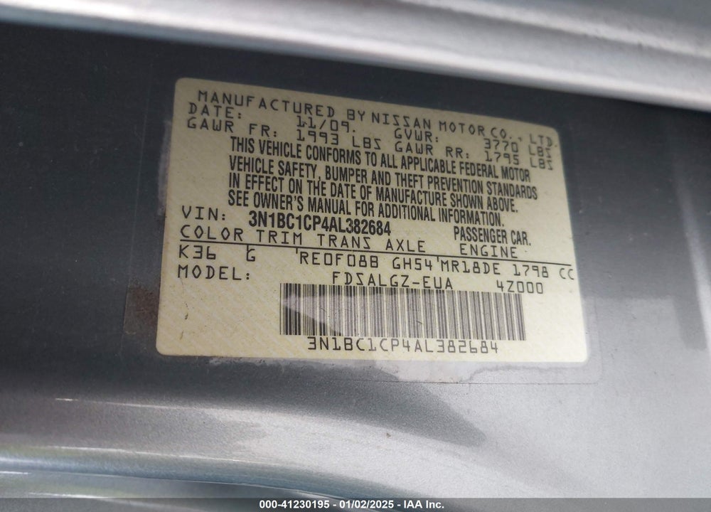 2010 NISSAN VERSA 1.8 SL VIN: 3N1BC1CP4AL382684