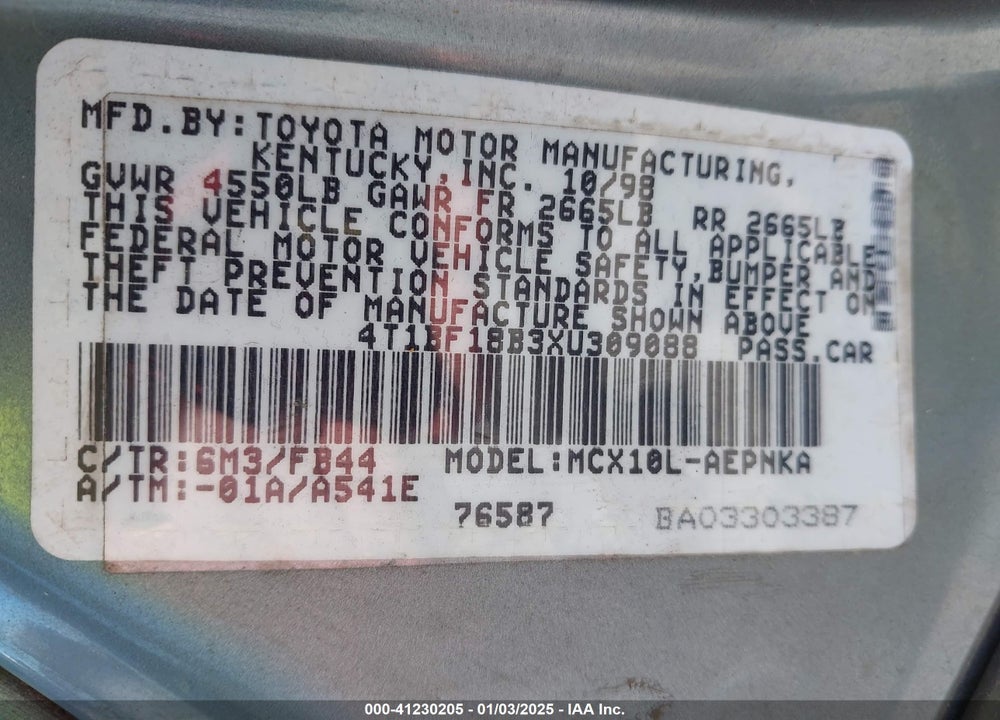 1999 TOYOTA AVALON XL VIN: 4T1BF18B3XU309088