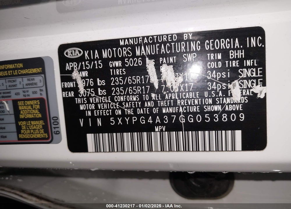 2016 KIA SORENTO 2.4L LX VIN: 5XYPG4A37GG053809