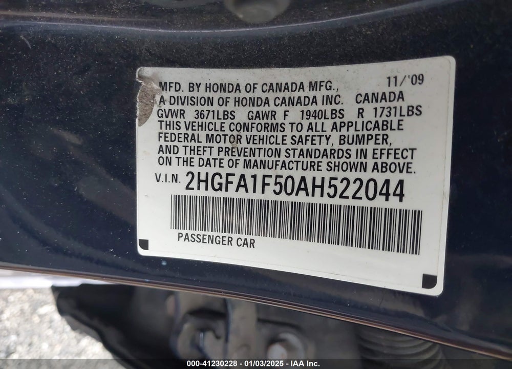 2010 HONDA CIVIC VIN: 2HGFA1F50AH522044