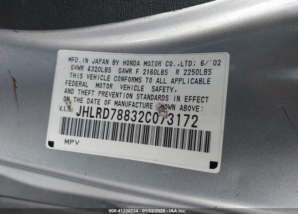 2002 HONDA CR-V EX VIN: JHLRD78832C073172