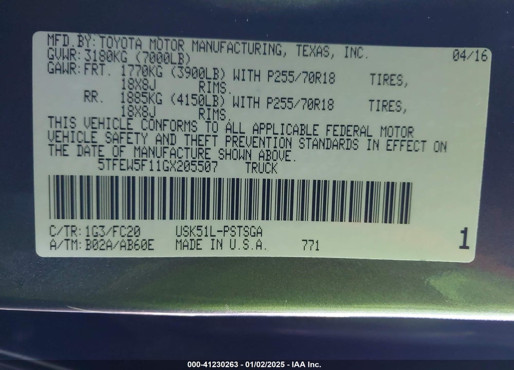 2016 TOYOTA TUNDRA VIN: 5TFEW5F11GX205507