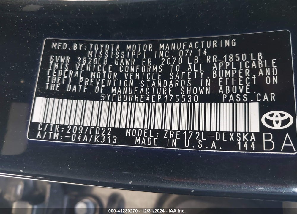 2014 TOYOTA COROLLA VIN: 5YFBURHE4EP175530