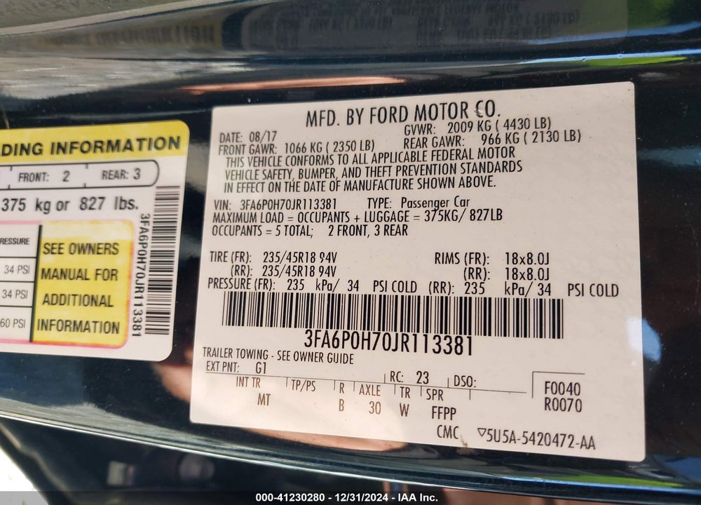 2018 FORD FUSION VIN: 3FA6P0H70JR113381