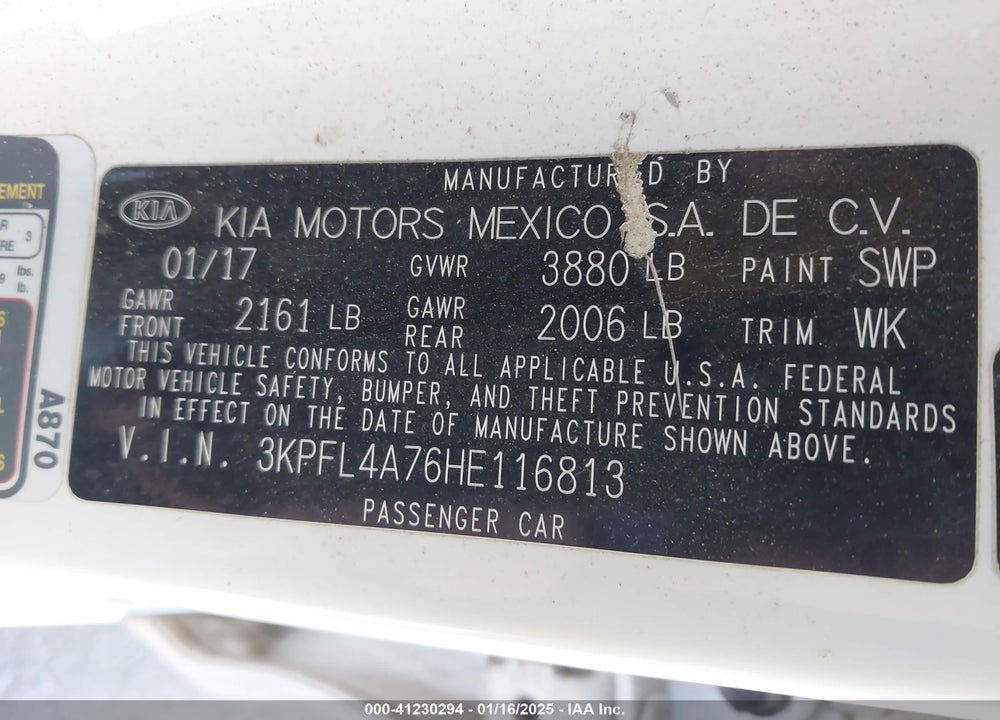 2017 KIA FORTE VIN: 3KPFL4A76HE116813