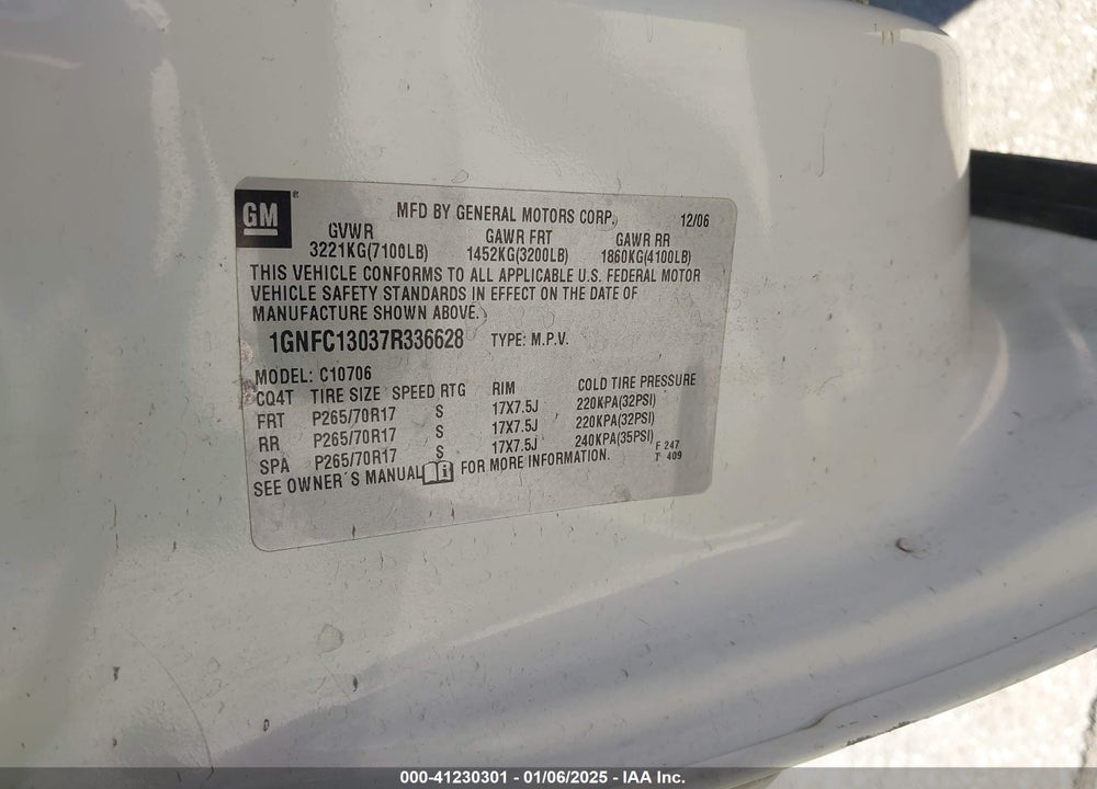 2007 CHEVROLET TAHOE LT VIN: 1GNFC13037R336628