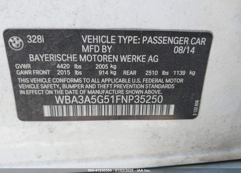 2015 BMW 328I VIN: WBA3A5G51FNP35250