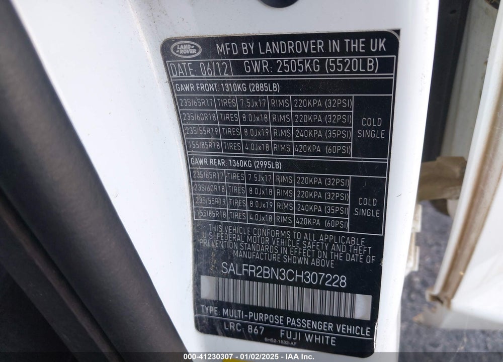 2012 LAND ROVER LR2 VIN: SALFR2BN3CH307228