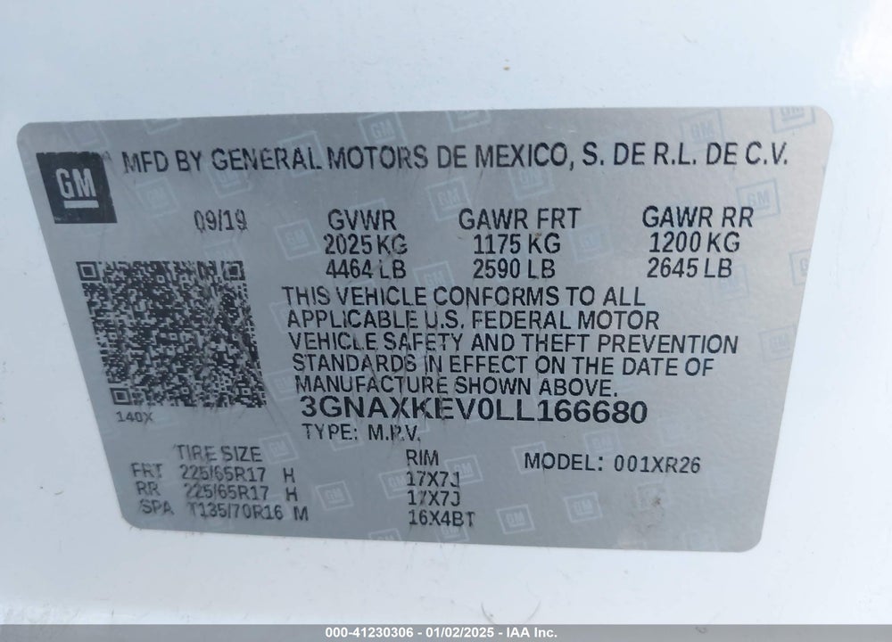 2020 CHEVROLET EQUINOX FWD LT 1.5L TURBO VIN: 3GNAXKEV0LL166680