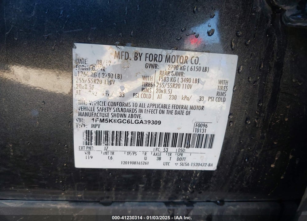 2020 FORD EXPLORER ST VIN: 1FM5K8GC6LGA39309