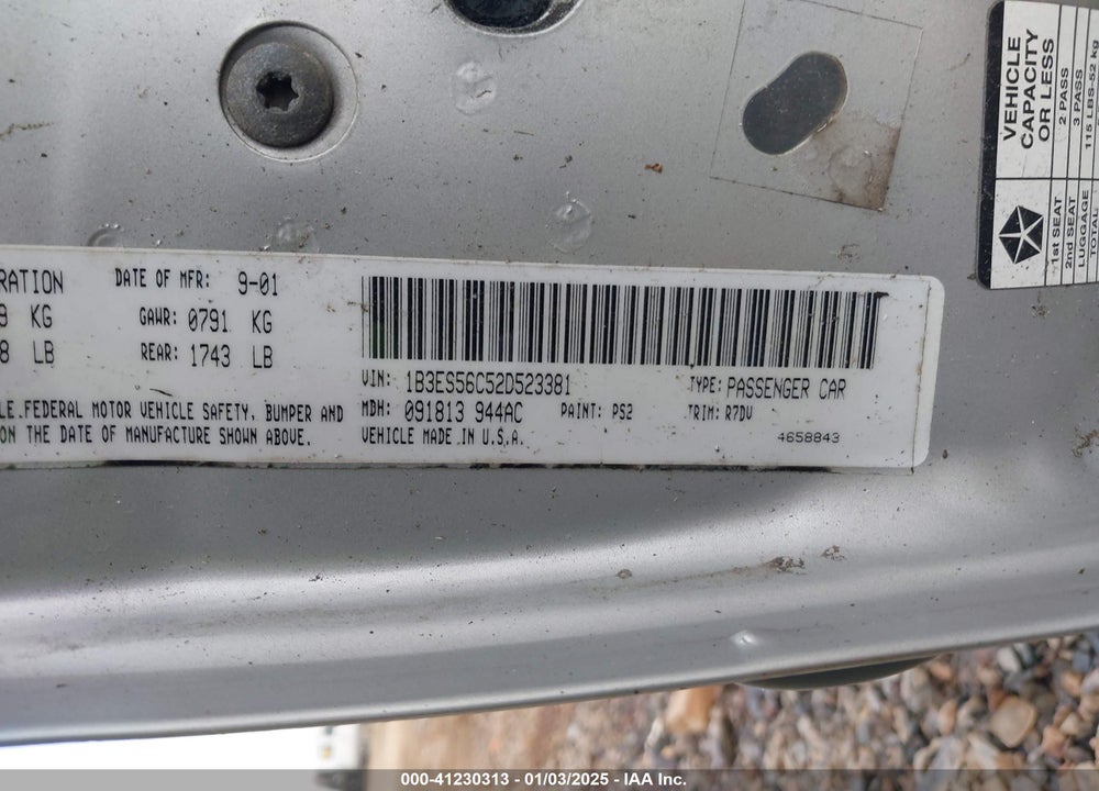 2002 DODGE NEON SXT VIN: 1B3ES56C52D523381