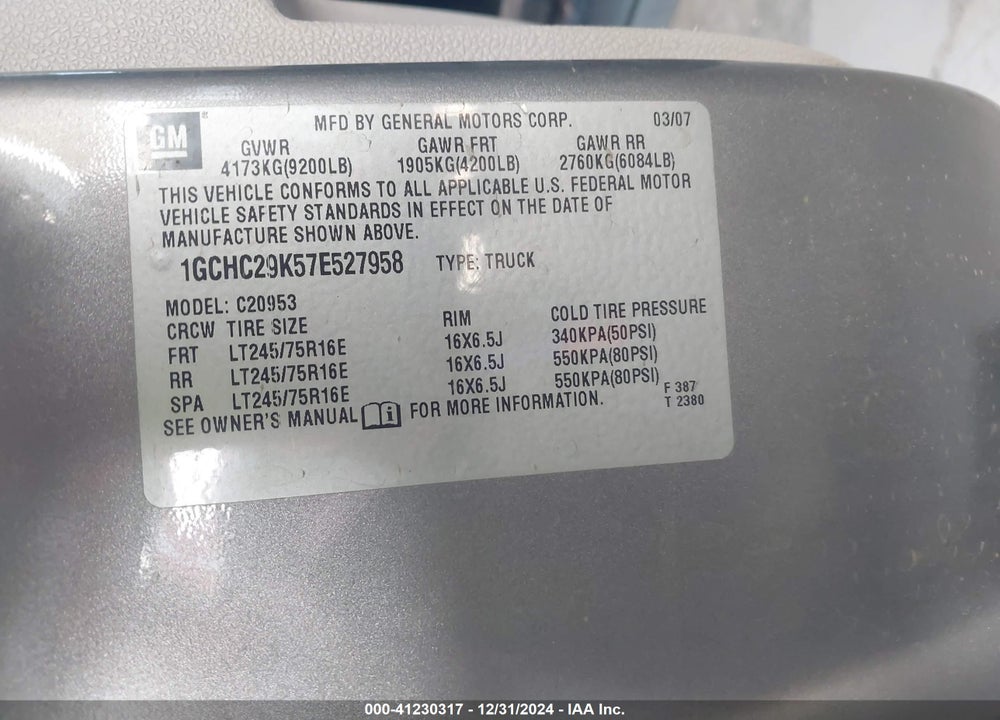 2007 CHEVROLET SILVERADO 2500HD LT1 VIN: 1GCHC29K57E527958