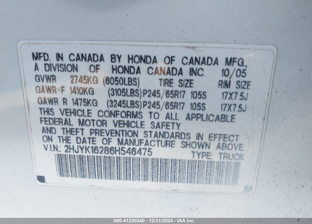 2006 HONDA RIDGELINE RT VIN: 2HJYK16286H546475