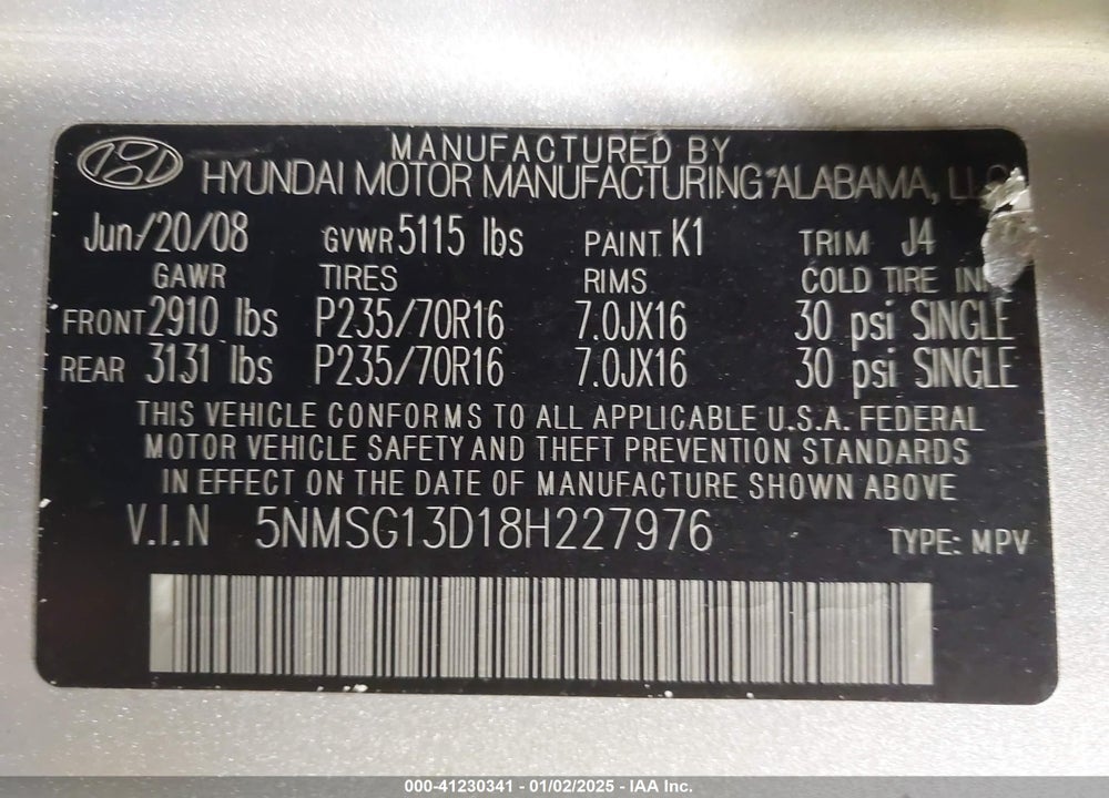 2008 HYUNDAI SANTA FE GLS VIN: 5NMSG13D18H227976
