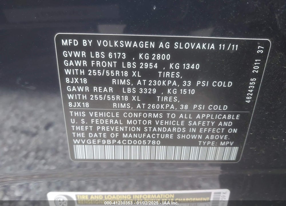 2012 VOLKSWAGEN TOUAREG VR6 SPORT VIN: WVGEF9BP4CD005780