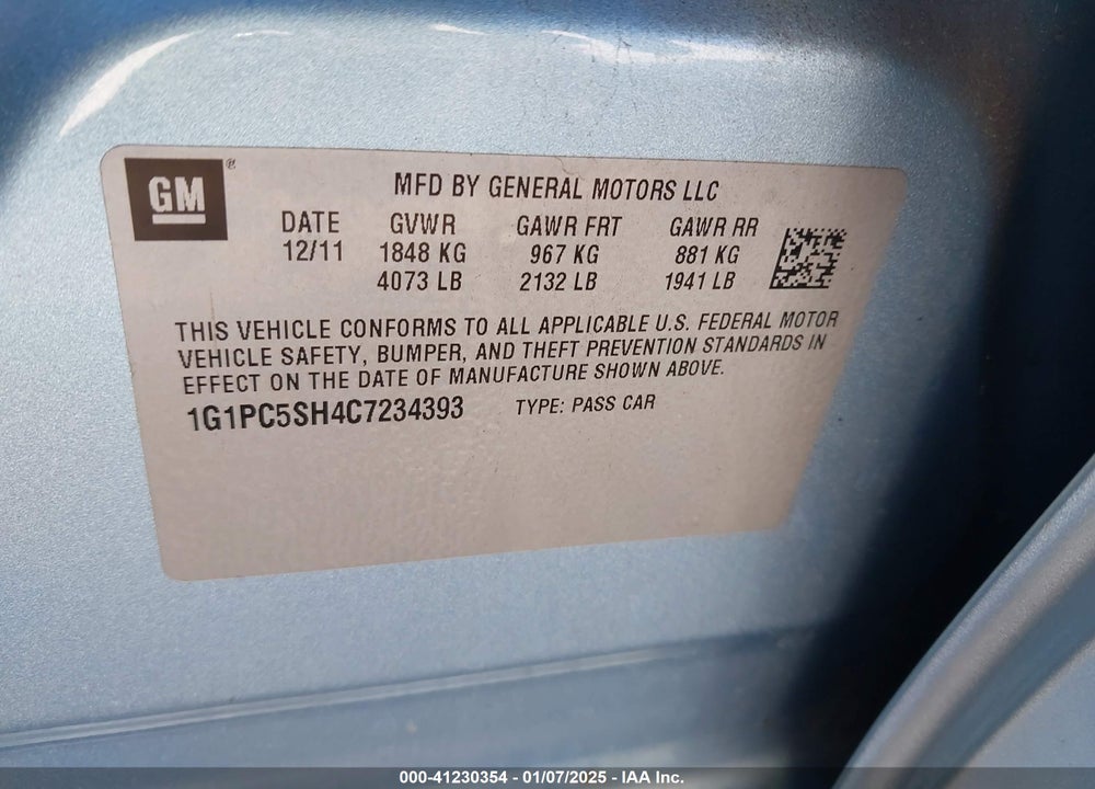 2012 CHEVROLET CRUZE VIN: 1G1PC5SH4C7234393