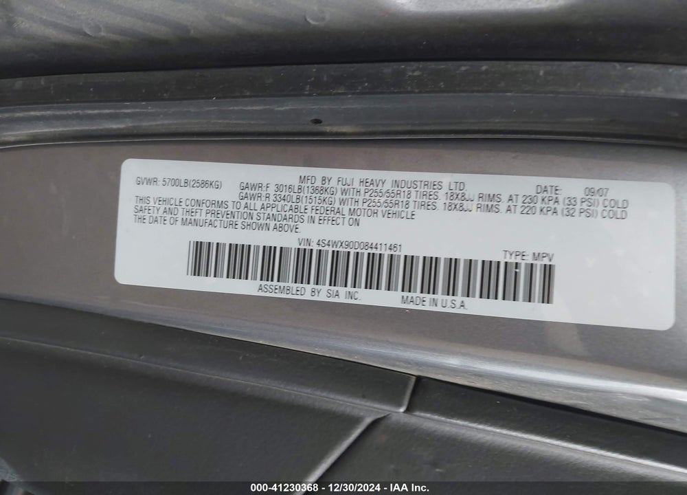 2008 SUBARU TRIBECA LIMITED 7-PASSENGER VIN: 4S4WX90D084411461