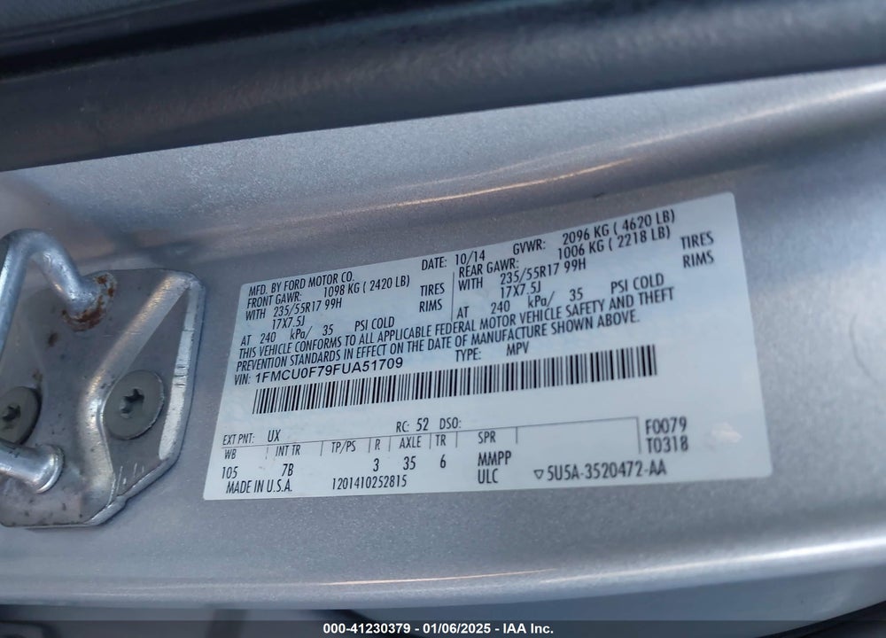 2015 FORD ESCAPE S VIN: 1FMCU0F79FUA51709