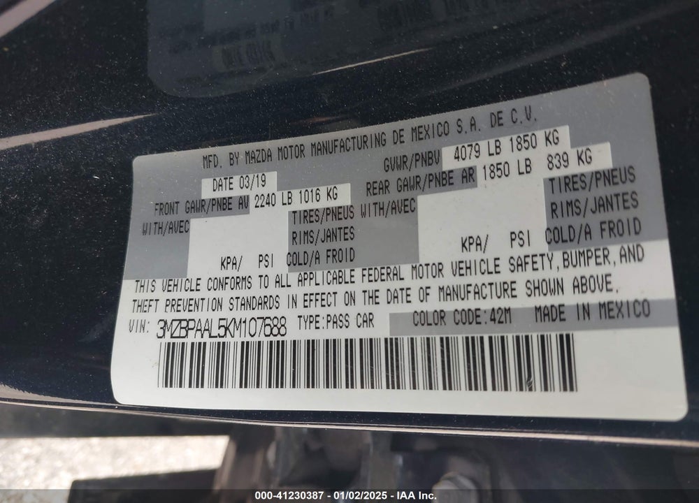 2019 MAZDA MAZDA3 VIN: 3MZBPAAL5KM107688