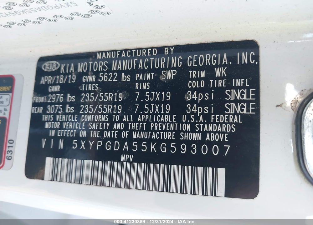 2019 KIA SORENTO 3.3L S VIN: 5XYPGDA55KG593007