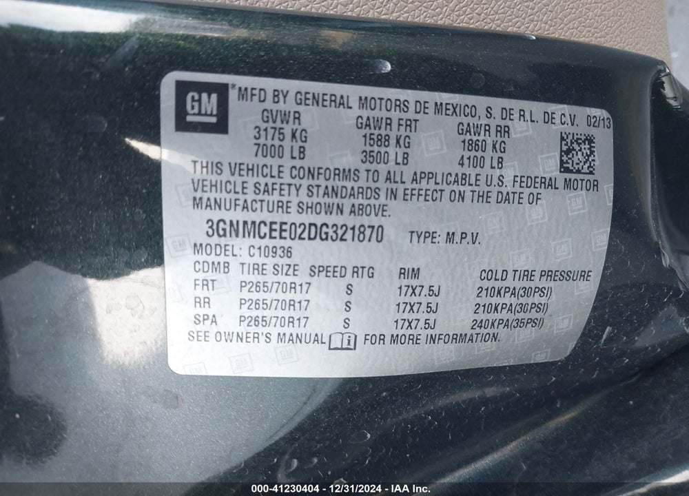 2013 CHEVROLET AVALANCHE VIN: 3GNMCEE02DG321870